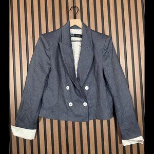 Zara Jacket Large Womens Blue Gray Coat Double-Breasted Folded Sleeve